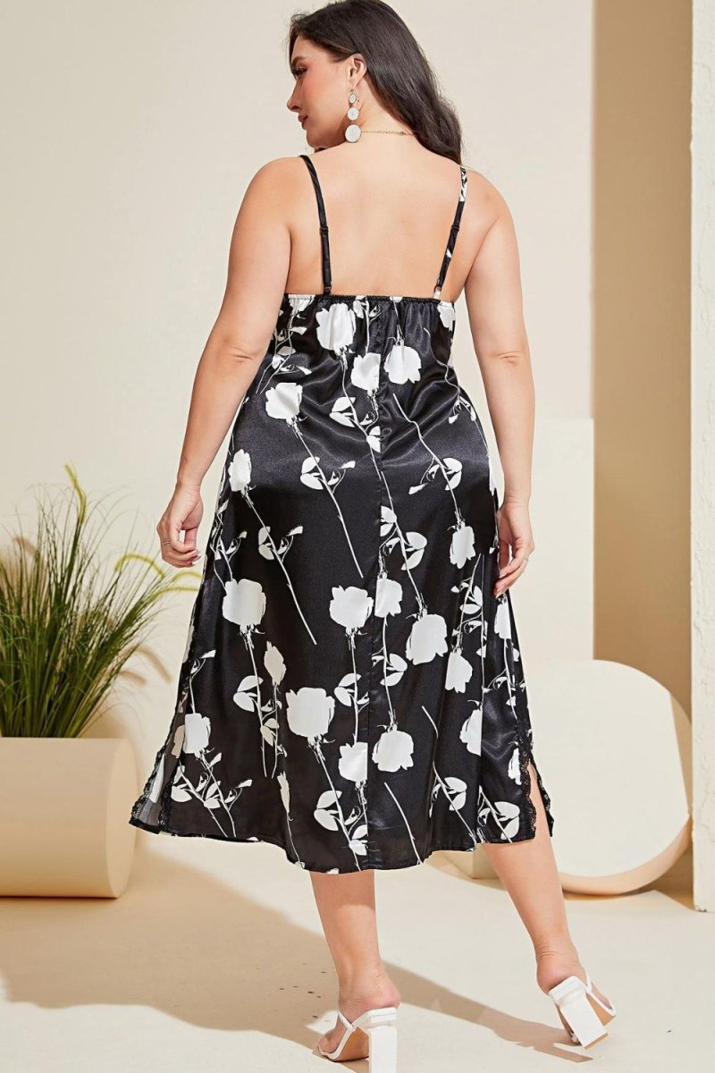 Floral Lace Trim Side Slit Night Dress - Deb Shops