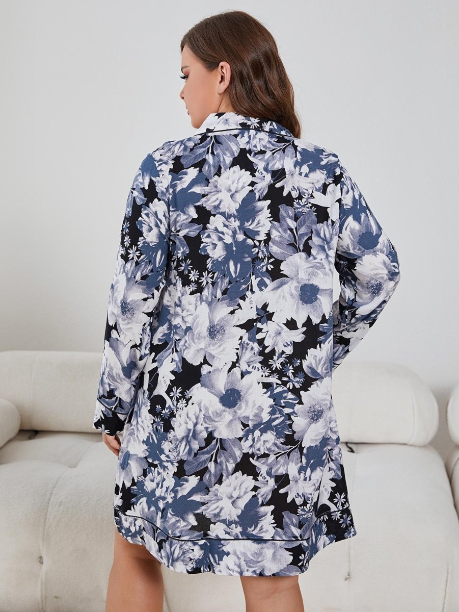 Floral Lapel Collar Long Sleeve Night Dress - Deb Shops