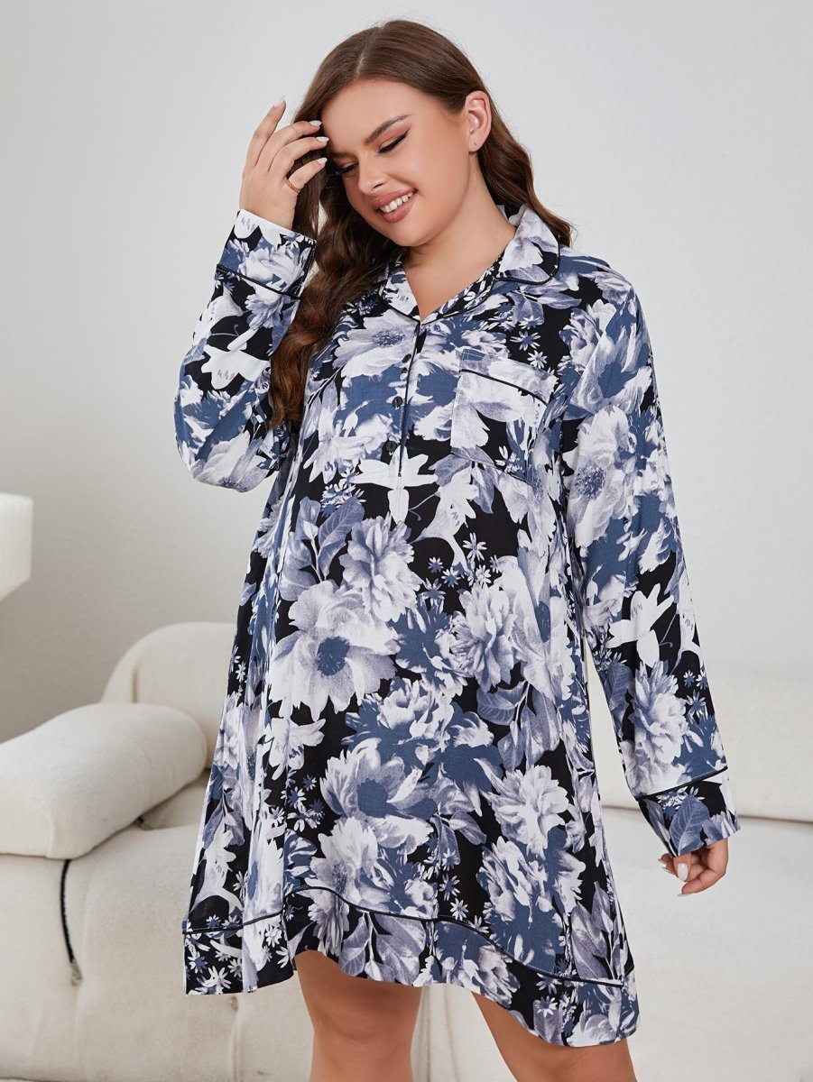 Floral Lapel Collar Long Sleeve Night Dress - Deb Shops