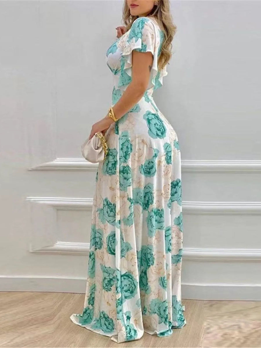 Floral Print V - Neck Maxi Dress with Flutter Sleeves - Deb Shops