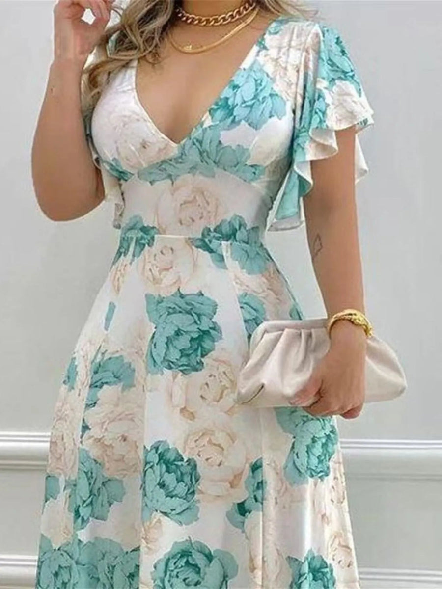 Floral Print V - Neck Maxi Dress with Flutter Sleeves - Deb Shops