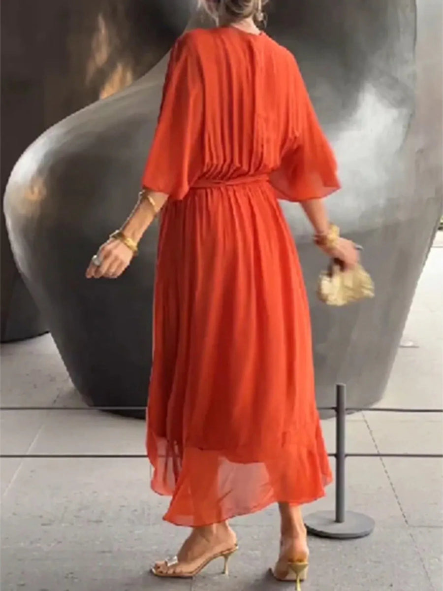 Flowy Tie Front Midi Dress with Flutter Sleeves - Deb Shops
