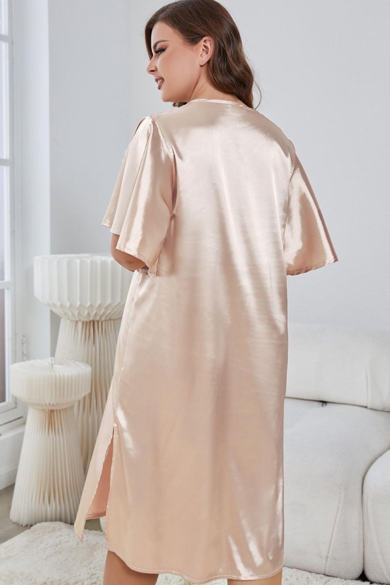 Flutter Sleeve V - Neck Side Slit Night Gown - Deb Shops