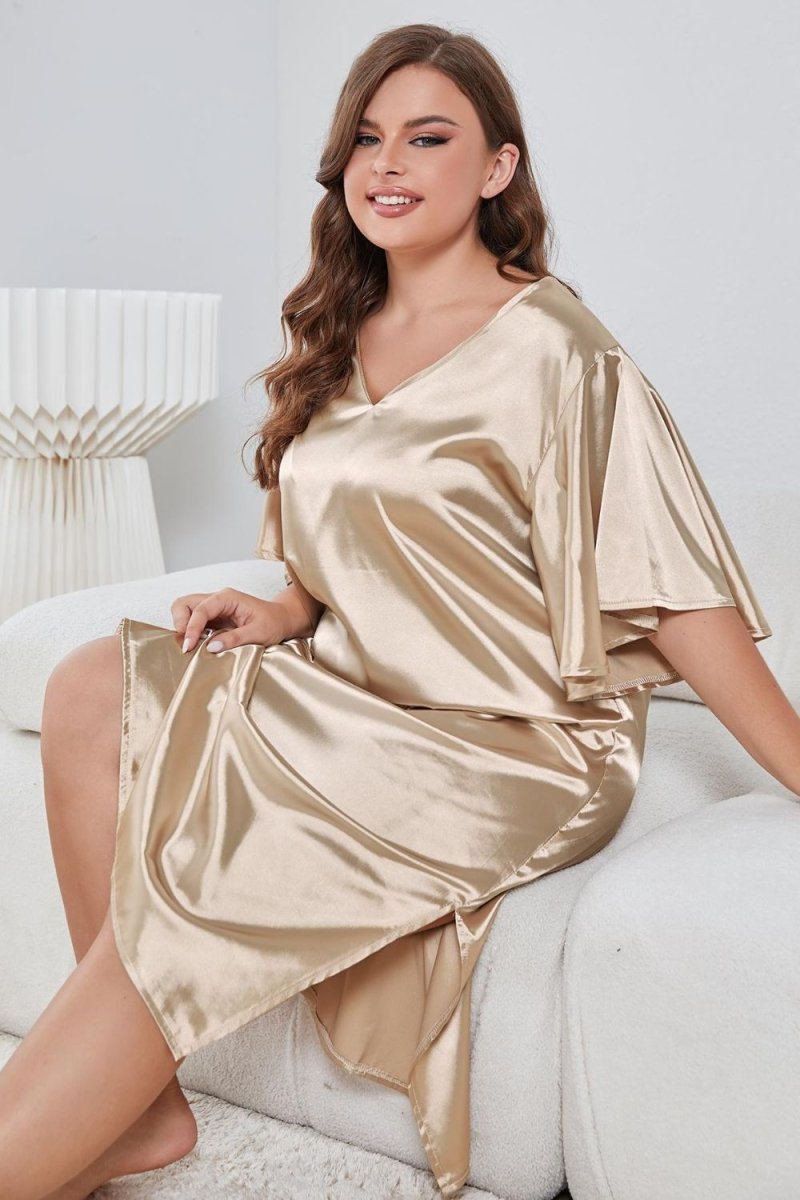Flutter Sleeve V - Neck Side Slit Night Gown - Deb Shops