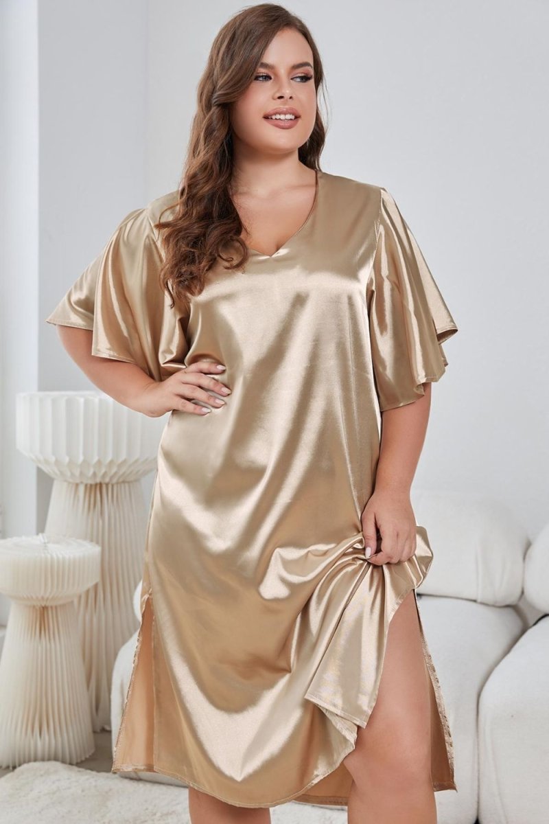 Flutter Sleeve V - Neck Side Slit Night Gown - Deb Shops