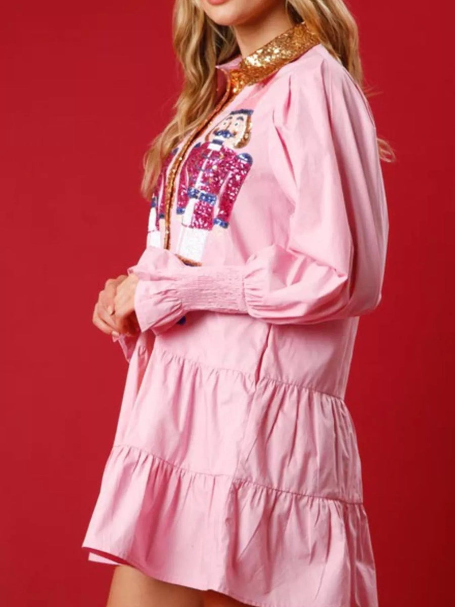 Full Size Christmas Sequin Nutcracker Tiered Shirt Dress - Deb Shops