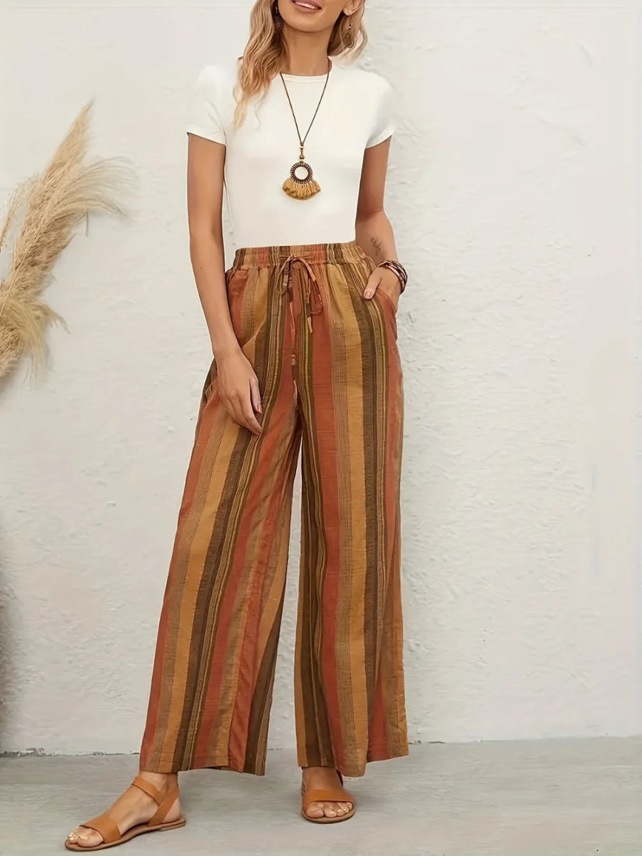 Full Size Drawstring Striped Wide Leg Pants - Deb Shops