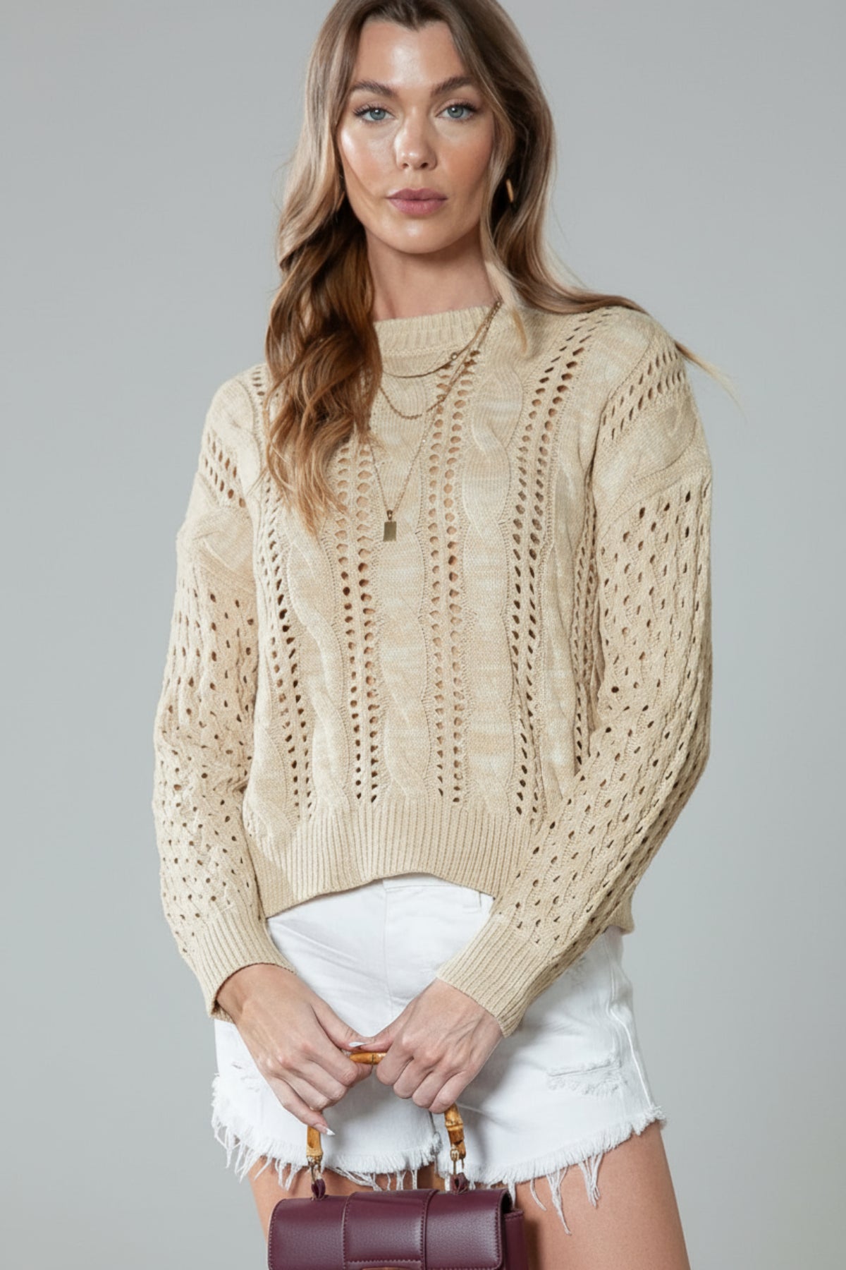 Full Size Openwork Cable - Knit Round Neck Knit Top - Deb Shops