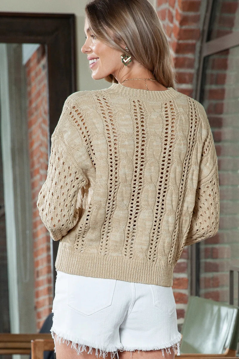Full Size Openwork Cable - Knit Round Neck Knit Top - Deb Shops