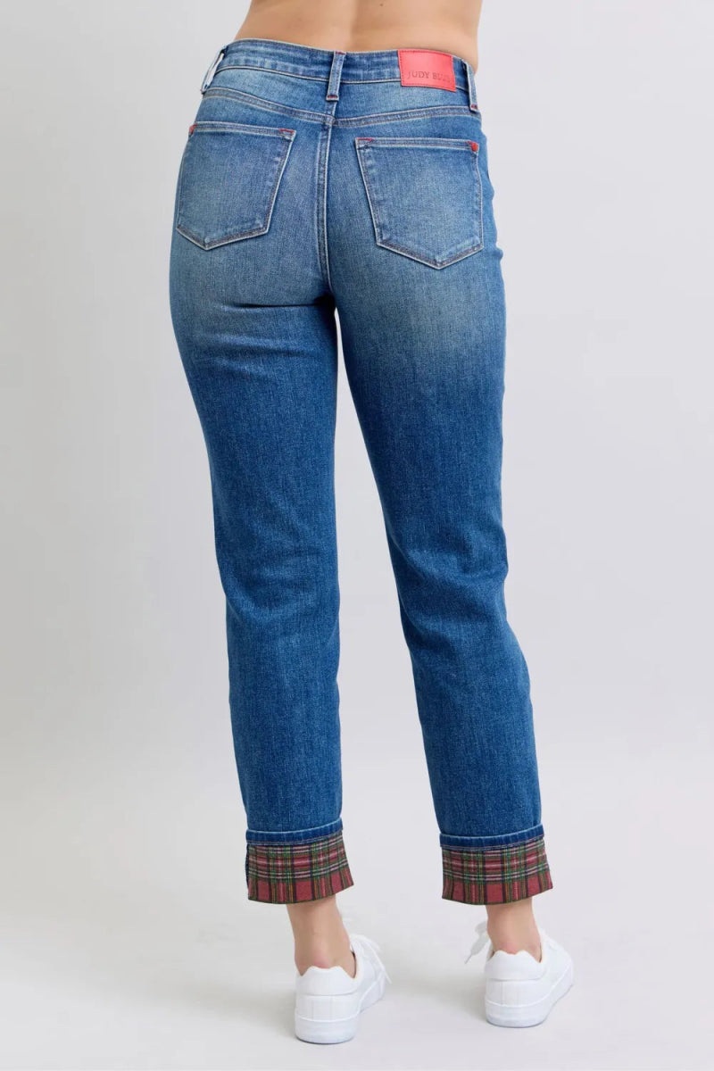 Full Size Plaid Print Cuff Straight Leg Jeans with Pockets - Deb Shops