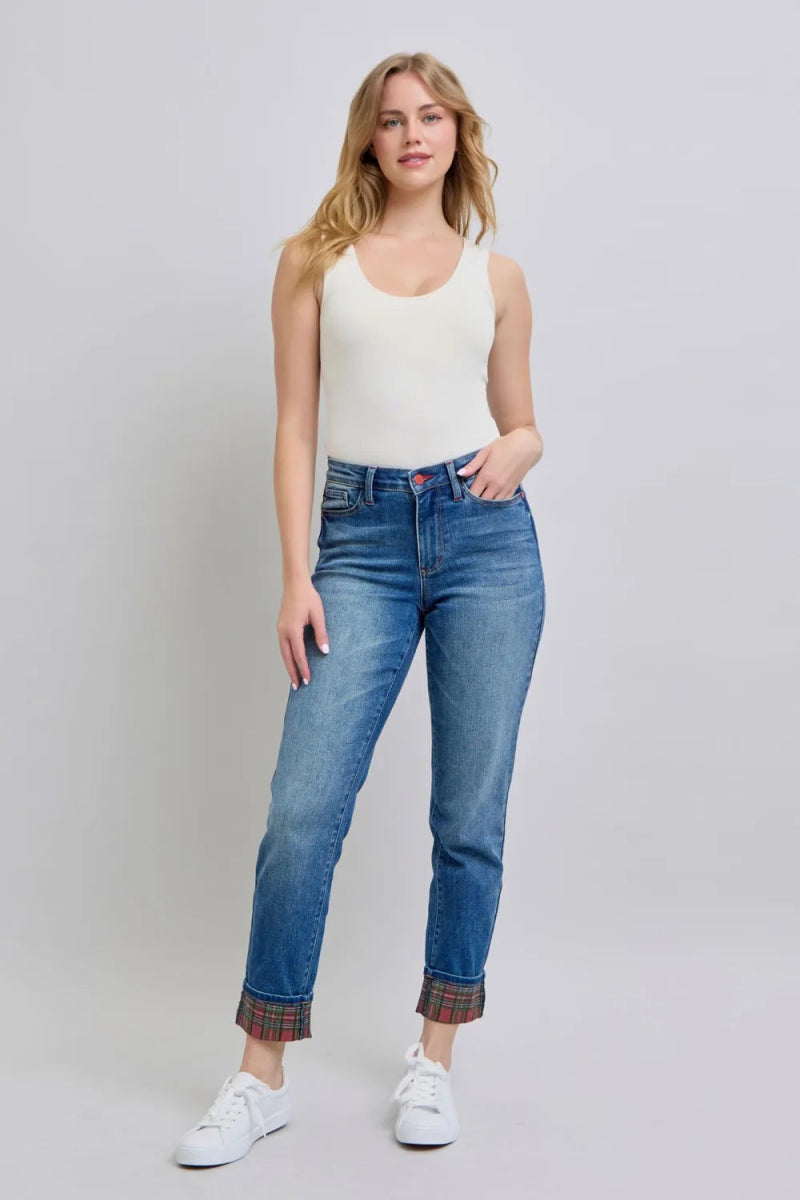 Full Size Plaid Print Cuff Straight Leg Jeans with Pockets - Deb Shops