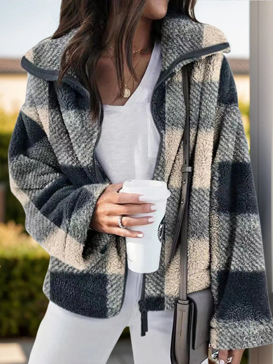 Full Size Plaid Zip Up Long Sleeve Jacket - Deb Shops