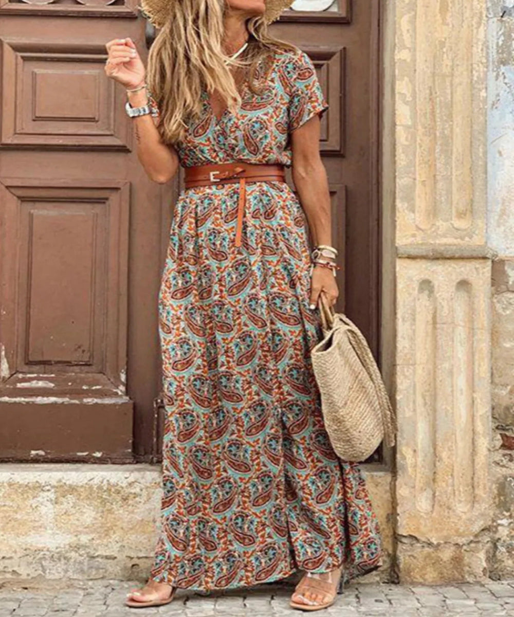Full Size Printed V - Neck Short Sleeve Maxi Dress - Deb Shops