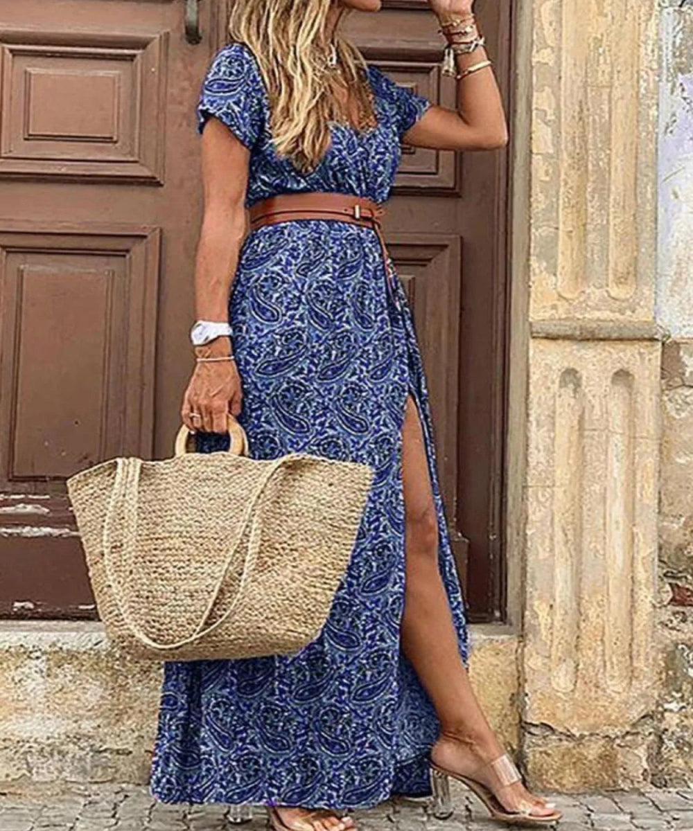 Full Size Printed V - Neck Short Sleeve Maxi Dress - Deb Shops