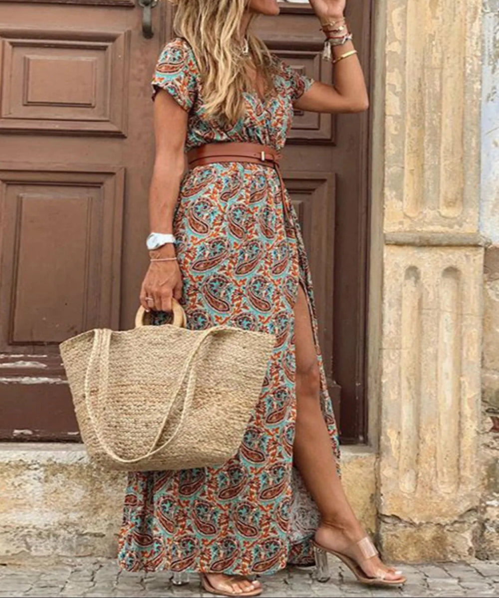 Full Size Printed V - Neck Short Sleeve Maxi Dress - Deb Shops