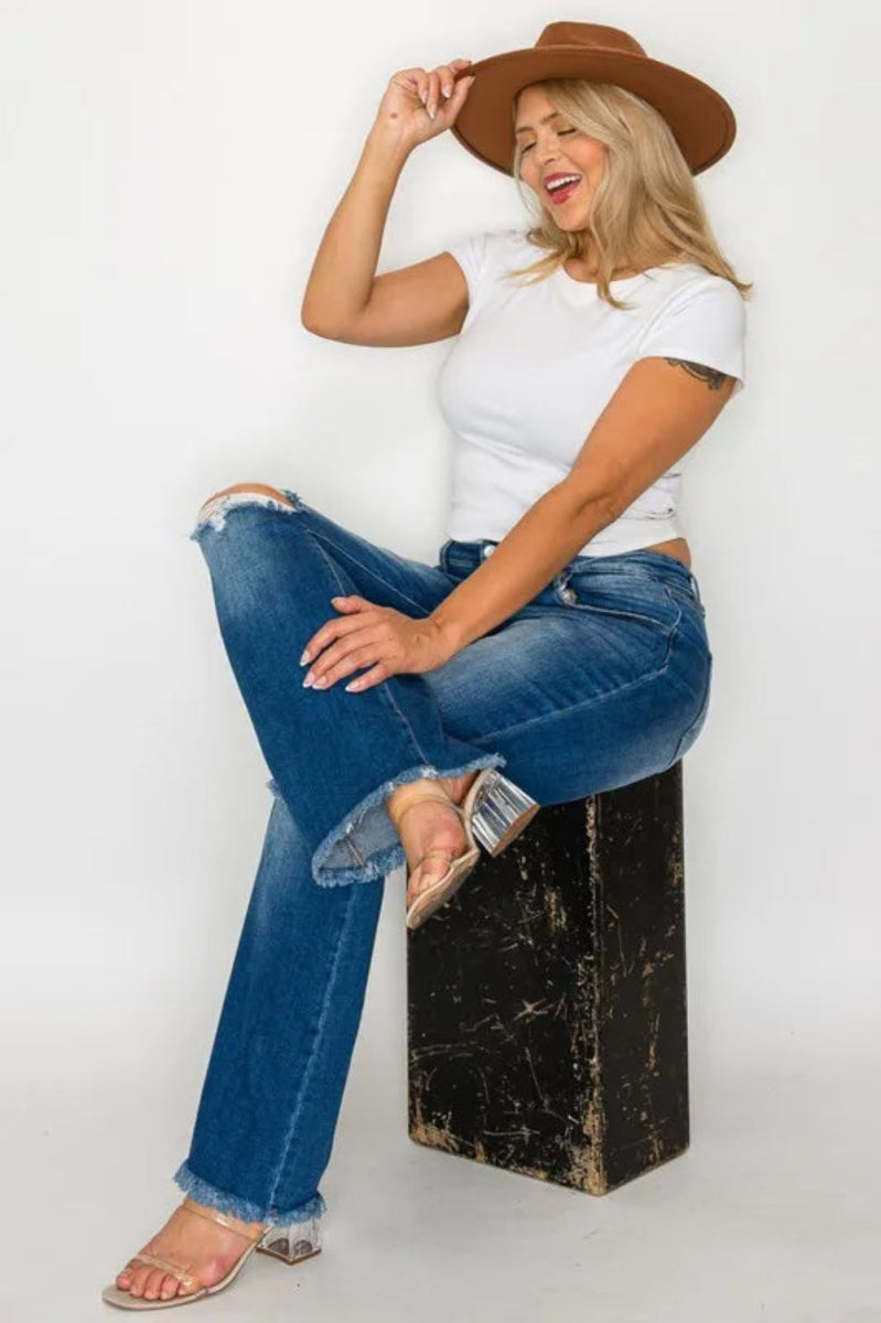 Full Size Raw Hem Distressed High Rise Bootcut Jeans - Deb Shops