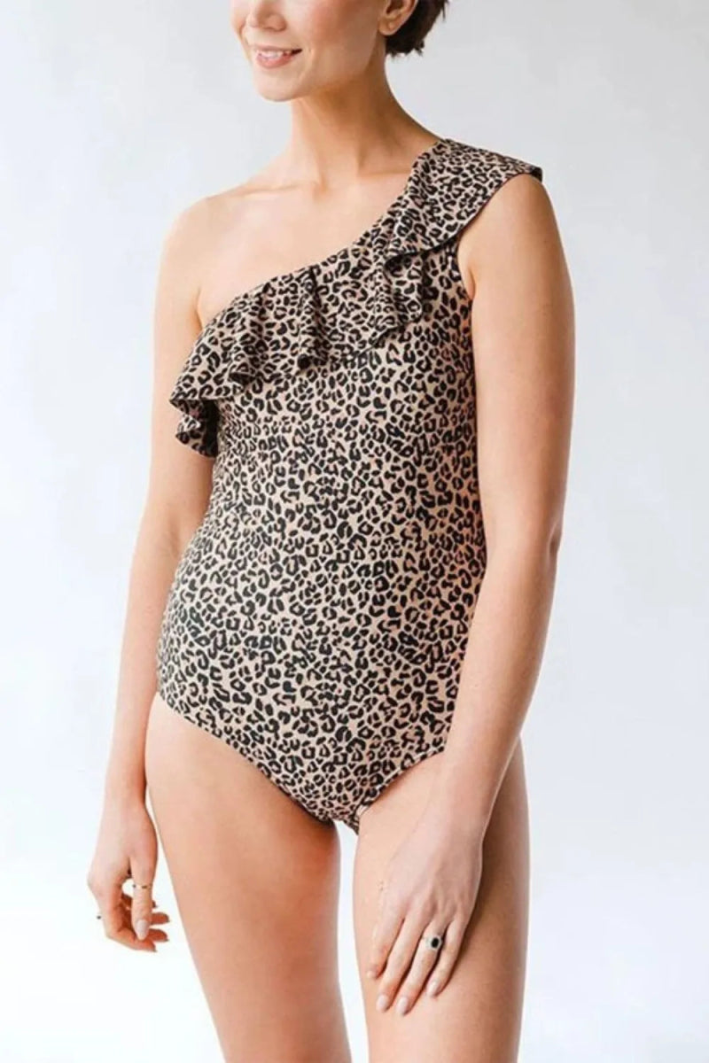 Full Size Ruffled Leopard Single Shoulder One - Piece Swimwear - Deb Shops