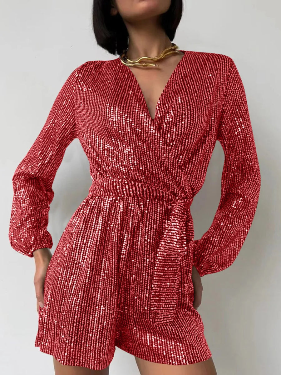 Full Size Sequin Surplice Tie Waist Long Sleeve Romper - Deb Shops