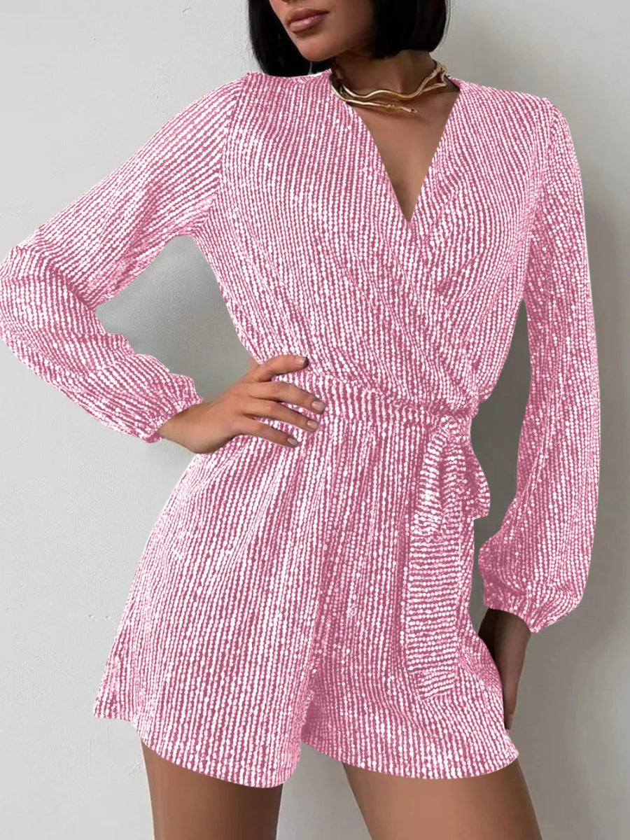 Full Size Sequin Surplice Tie Waist Long Sleeve Romper - Deb Shops