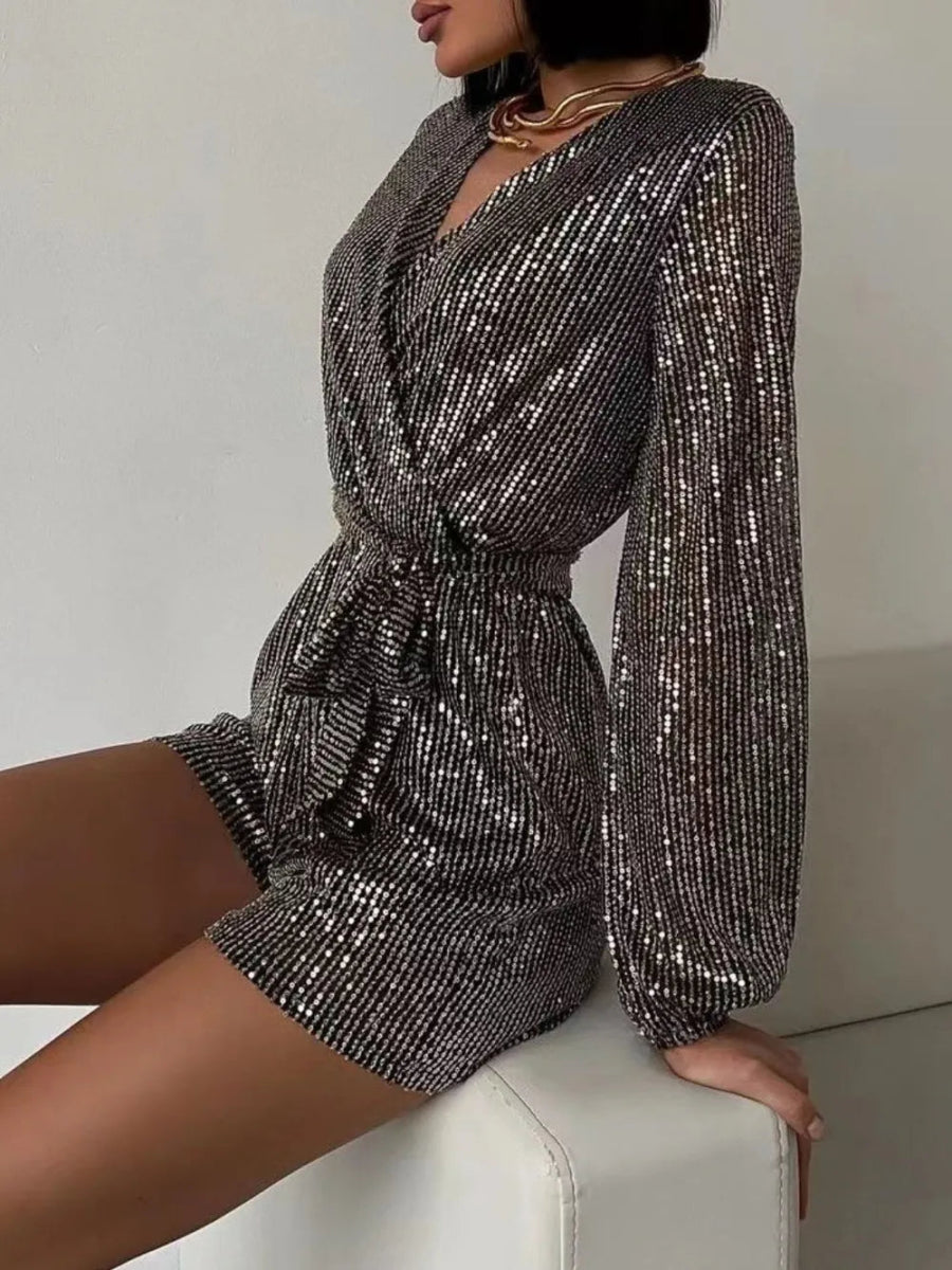 Full Size Sequin Surplice Tie Waist Long Sleeve Romper - Deb Shops