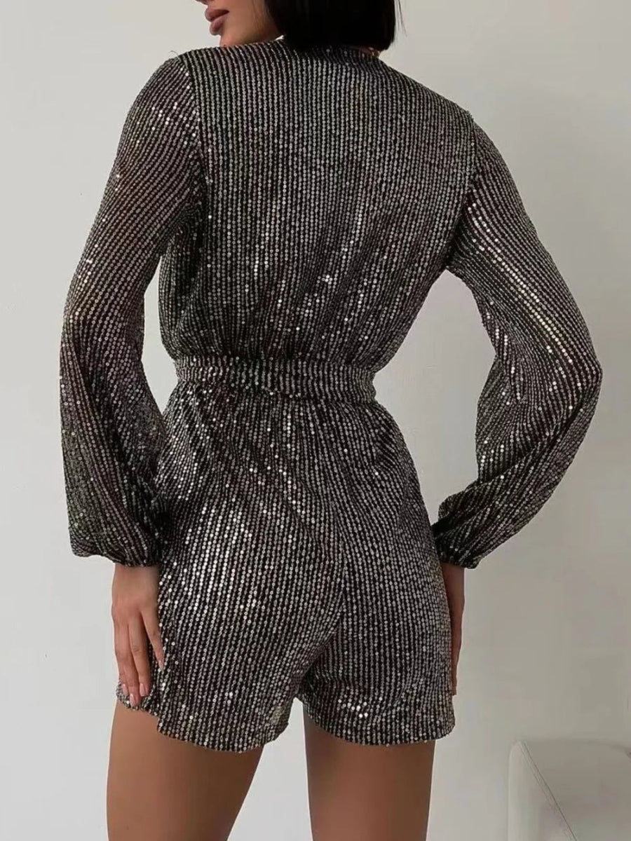 Full Size Sequin Surplice Tie Waist Long Sleeve Romper - Deb Shops