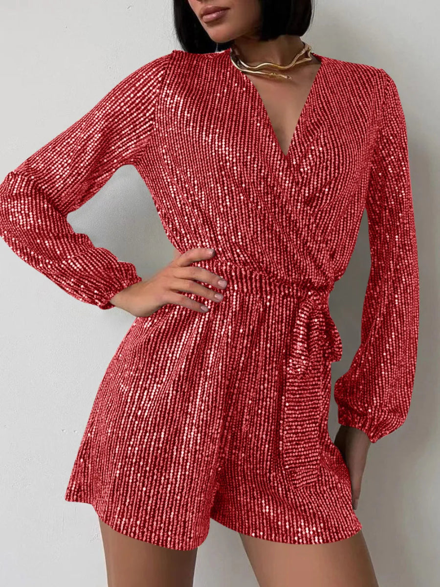 Full Size Sequin Surplice Tie Waist Long Sleeve Romper - Deb Shops