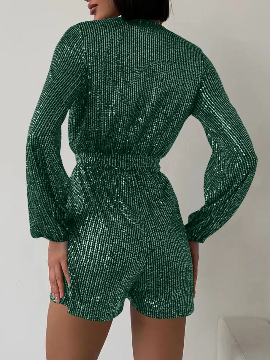 Full Size Sequin Surplice Tie Waist Long Sleeve Romper - Deb Shops
