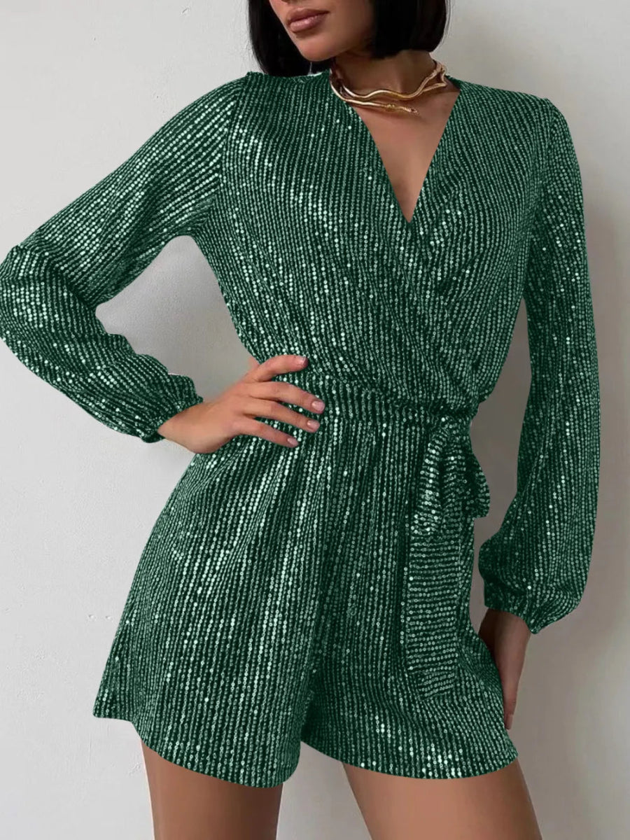 Full Size Sequin Surplice Tie Waist Long Sleeve Romper - Deb Shops