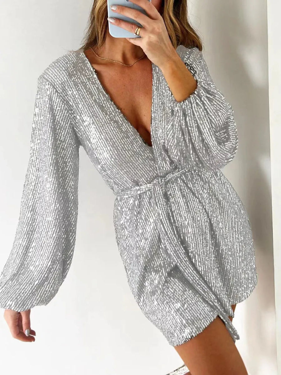 Full Size Sequin Surplice Tie Waist Long Sleeve Romper - Deb Shops