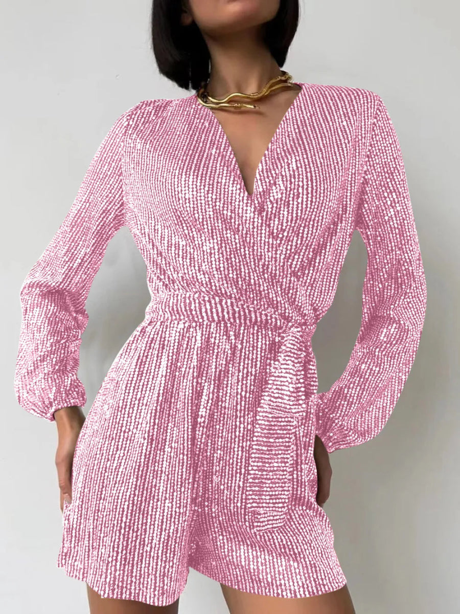 Full Size Sequin Surplice Tie Waist Long Sleeve Romper - Deb Shops