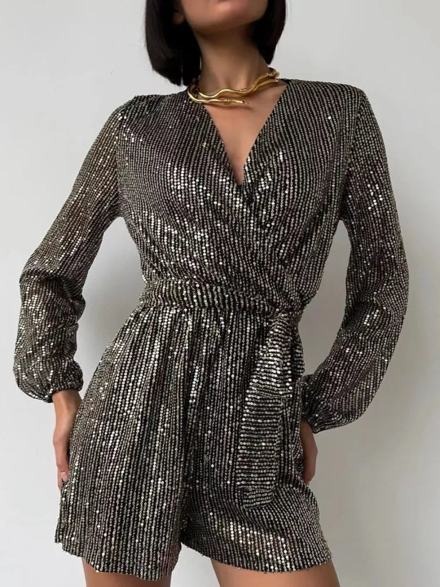 Full Size Sequin Surplice Tie Waist Long Sleeve Romper - Deb Shops