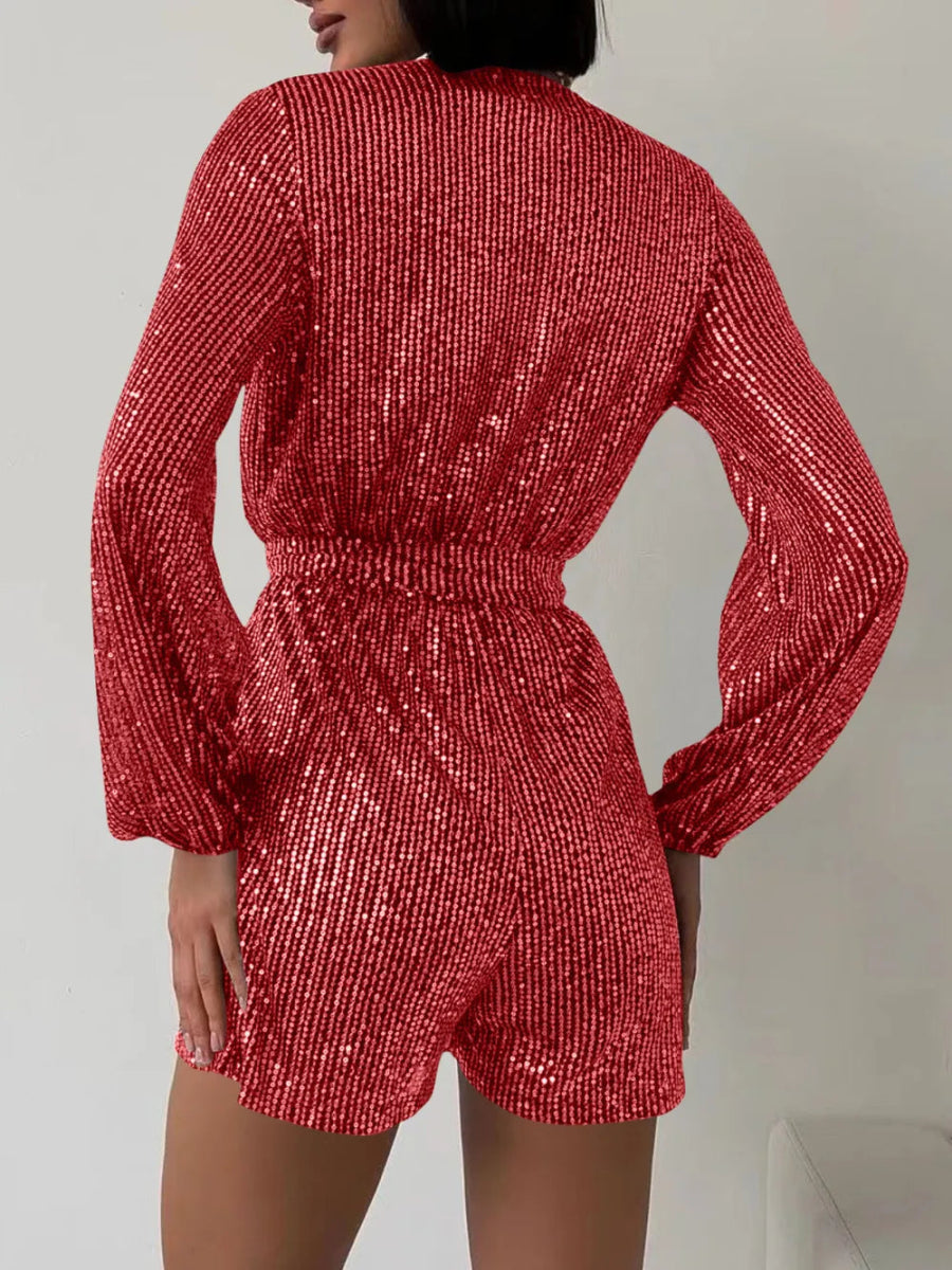 Full Size Sequin Surplice Tie Waist Long Sleeve Romper - Deb Shops