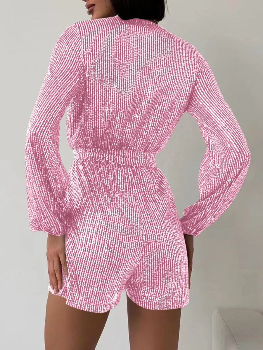 Full Size Sequin Surplice Tie Waist Long Sleeve Romper - Deb Shops