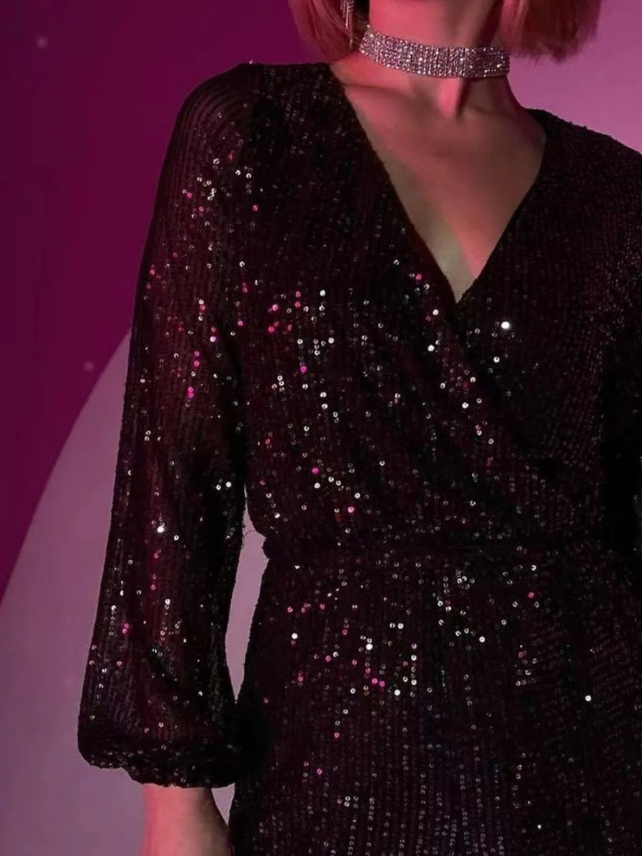 Full Size Sequin Surplice Tie Waist Long Sleeve Romper - Deb Shops