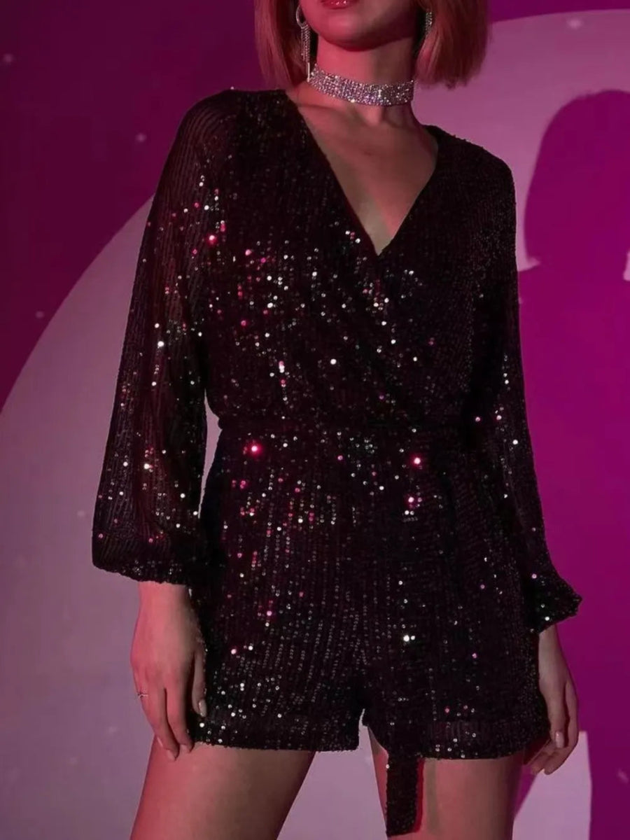 Full Size Sequin Surplice Tie Waist Long Sleeve Romper - Deb Shops