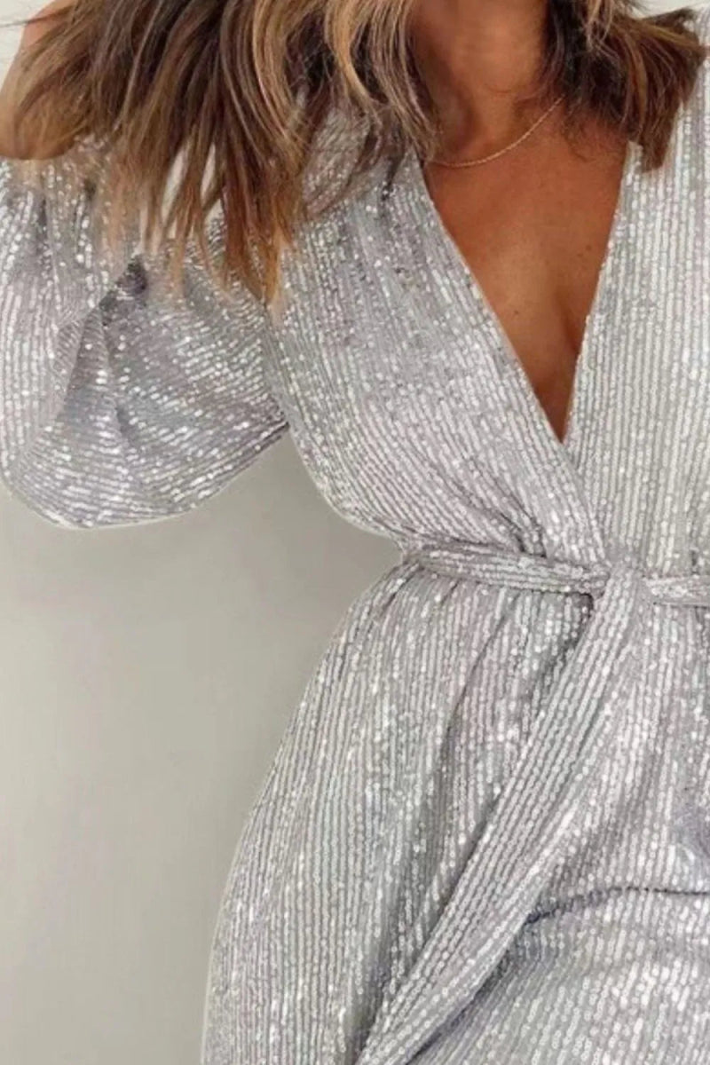 Full Size Sequin Surplice Tie Waist Long Sleeve Romper - Deb Shops