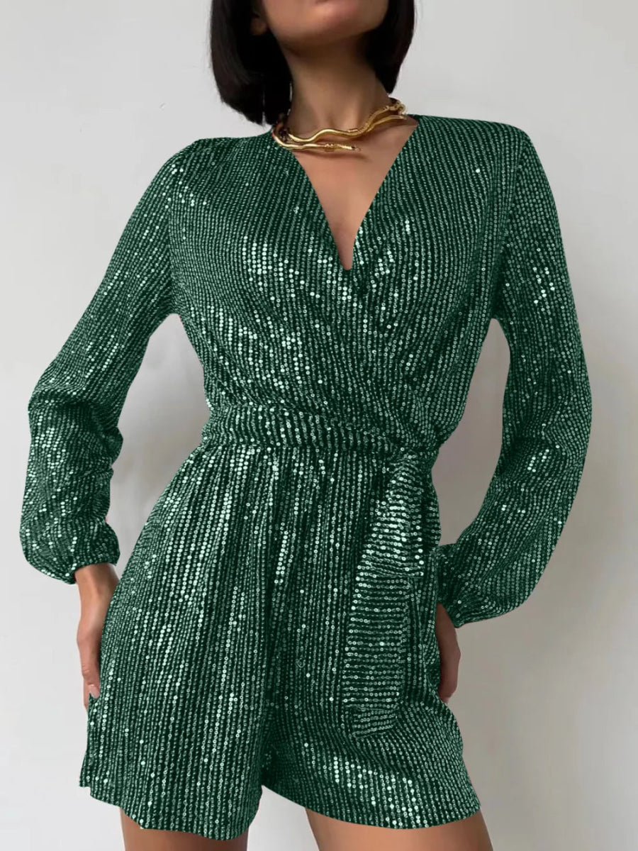 Full Size Sequin Surplice Tie Waist Long Sleeve Romper - Deb Shops