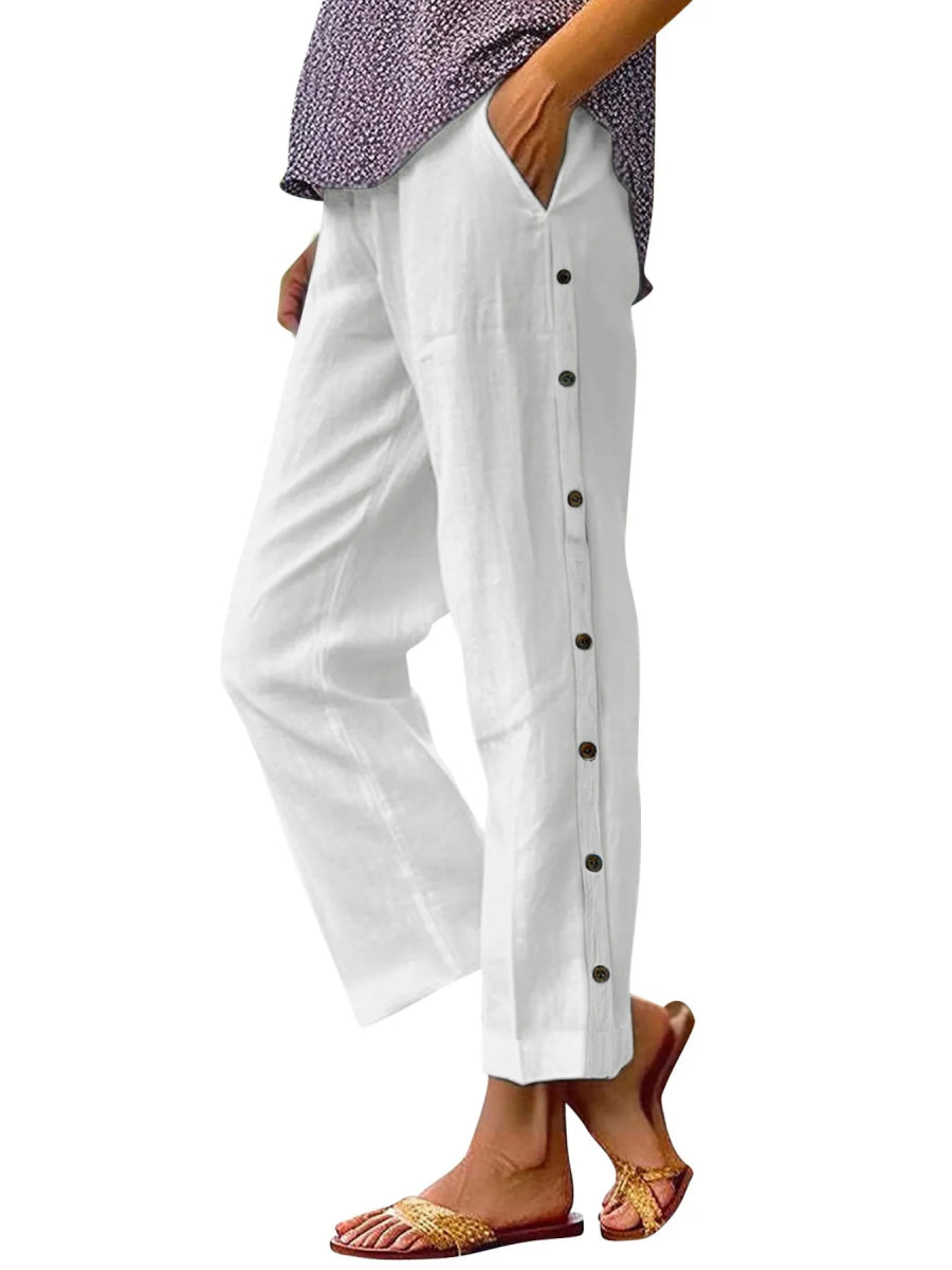 Full Size Side Decor Button Casual Wide Leg Pants - Deb Shops