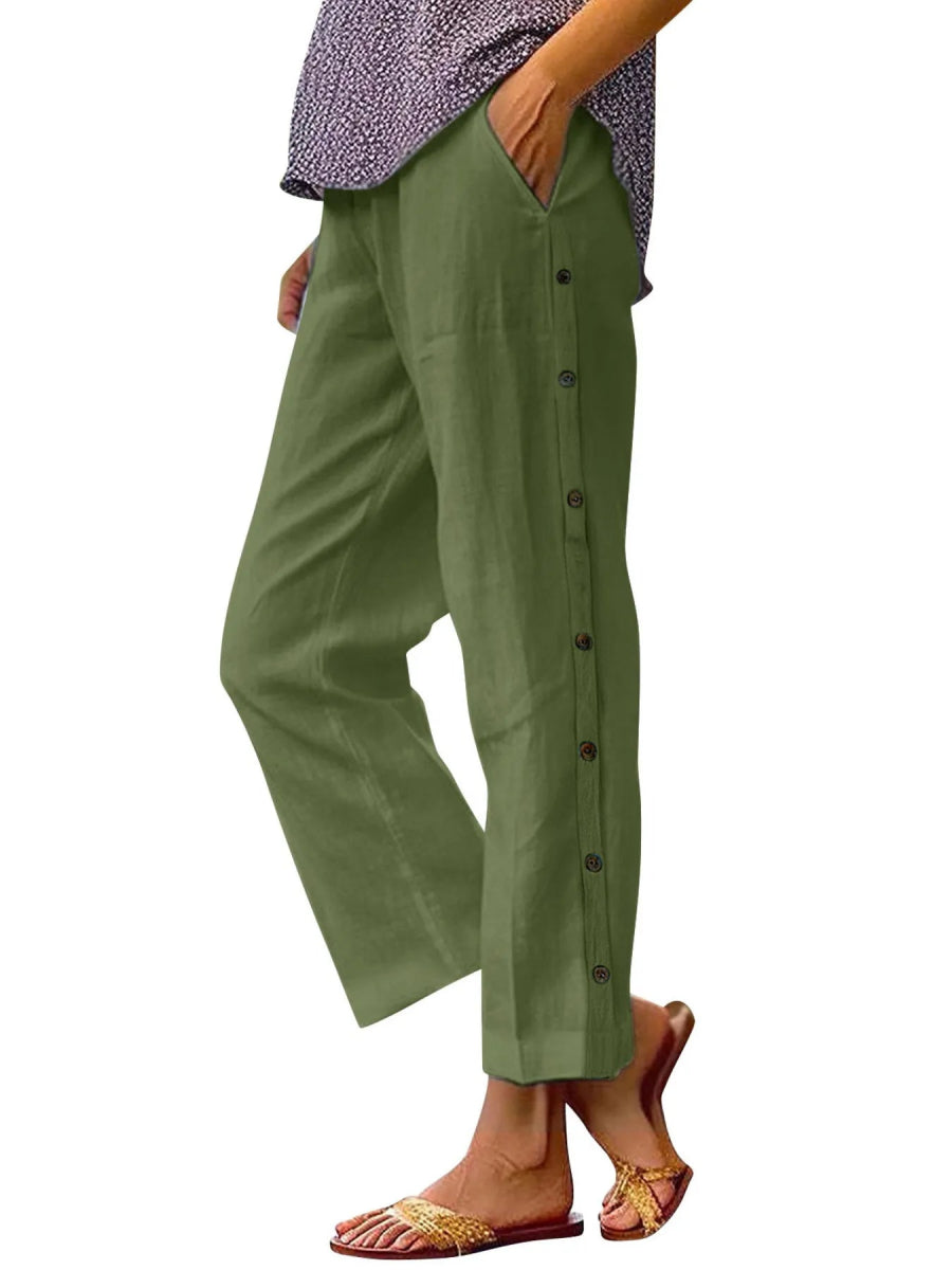 Full Size Side Decor Button Casual Wide Leg Pants - Deb Shops