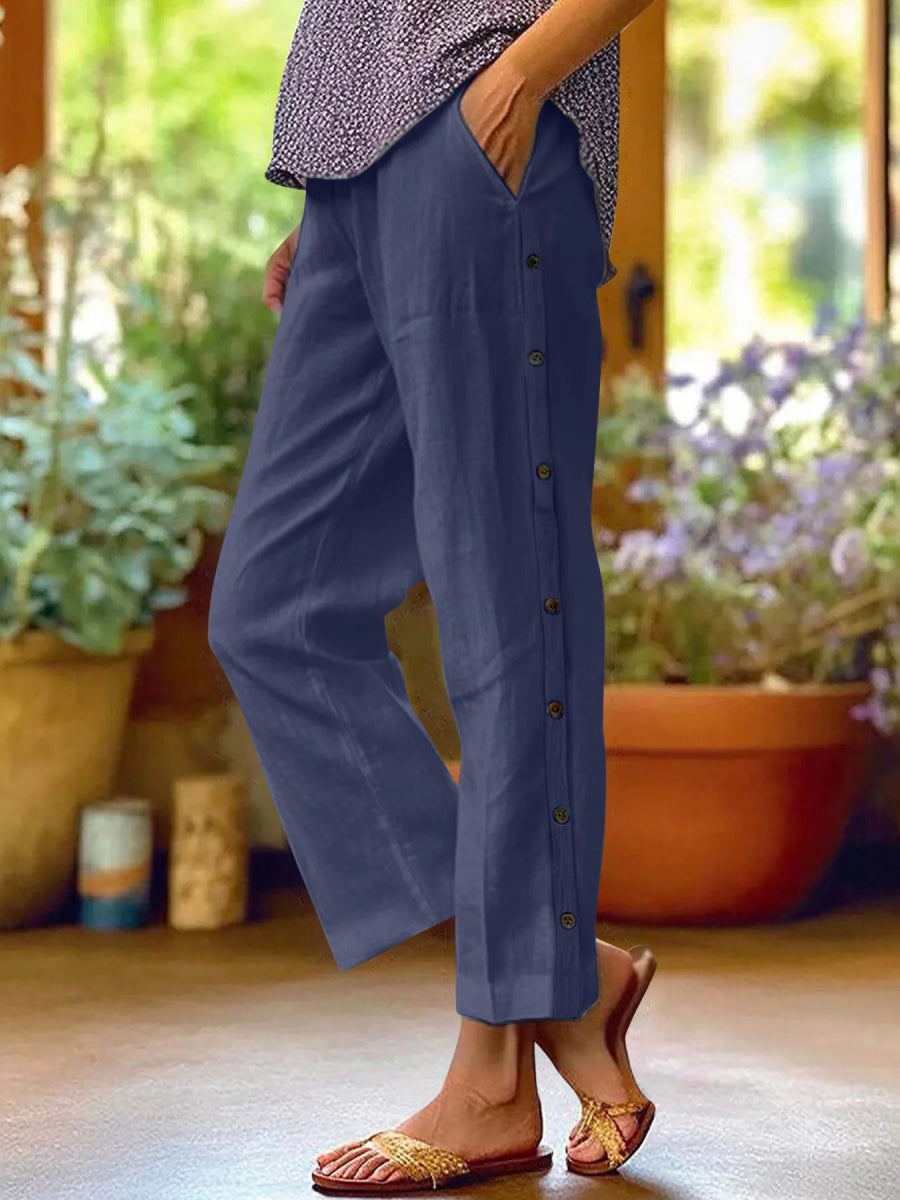 Full Size Side Decor Button Casual Wide Leg Pants - Deb Shops