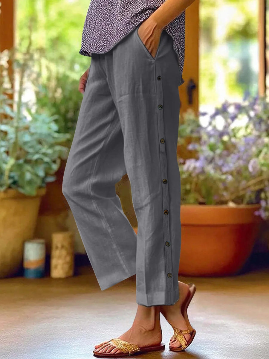 Full Size Side Decor Button Casual Wide Leg Pants - Deb Shops