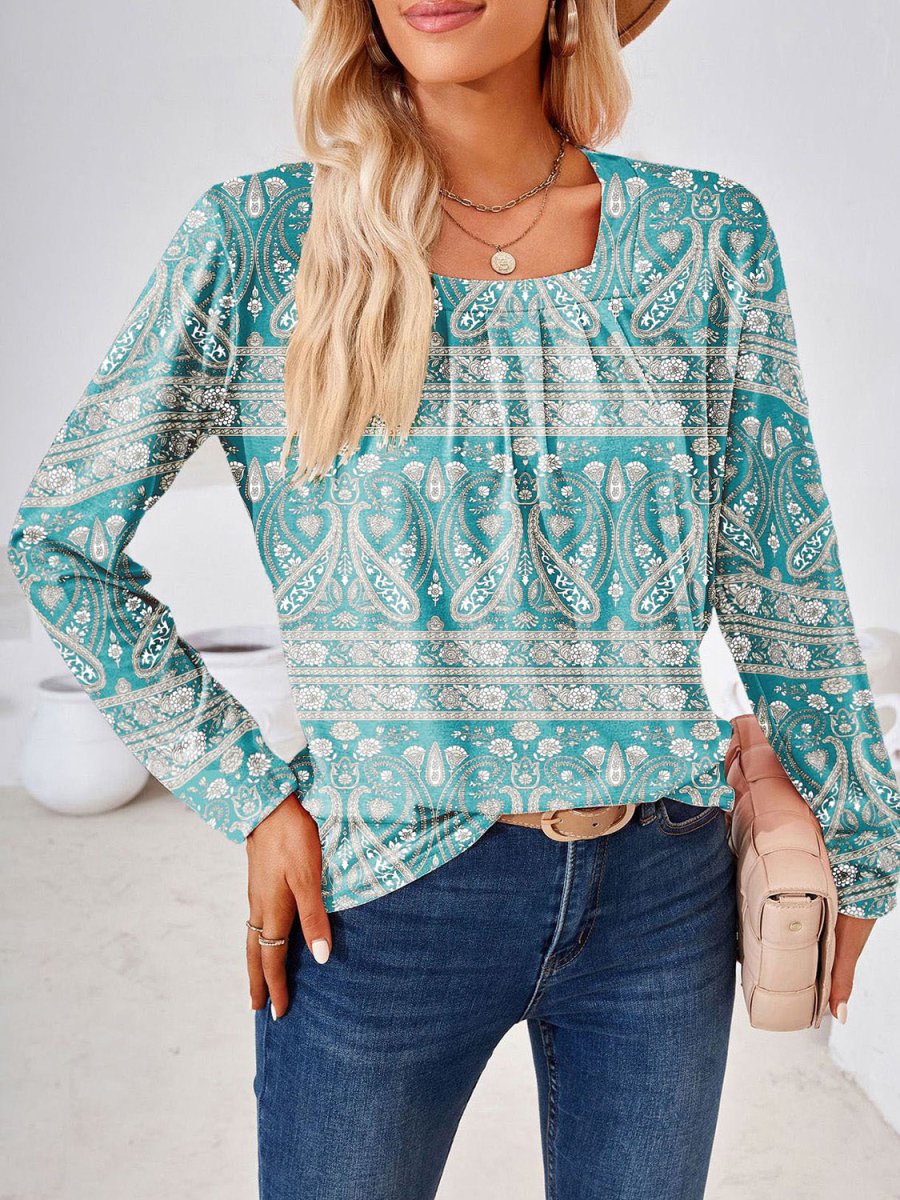 Full Size Square Neck Long Sleeve Blouse - Deb Shops