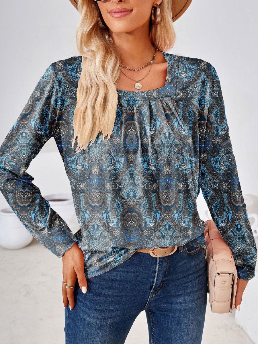 Full Size Square Neck Long Sleeve Blouse - Deb Shops