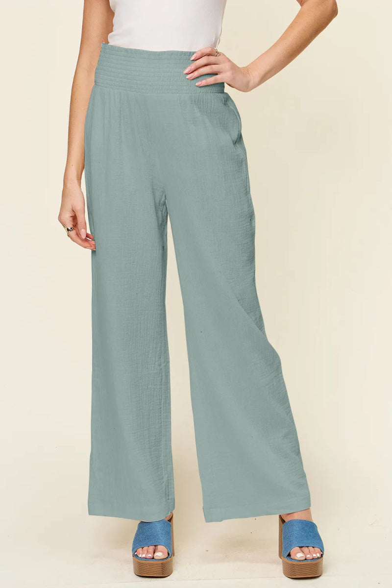 Full Size Texture Smocked Waist Wide Leg Pants - Deb Shops