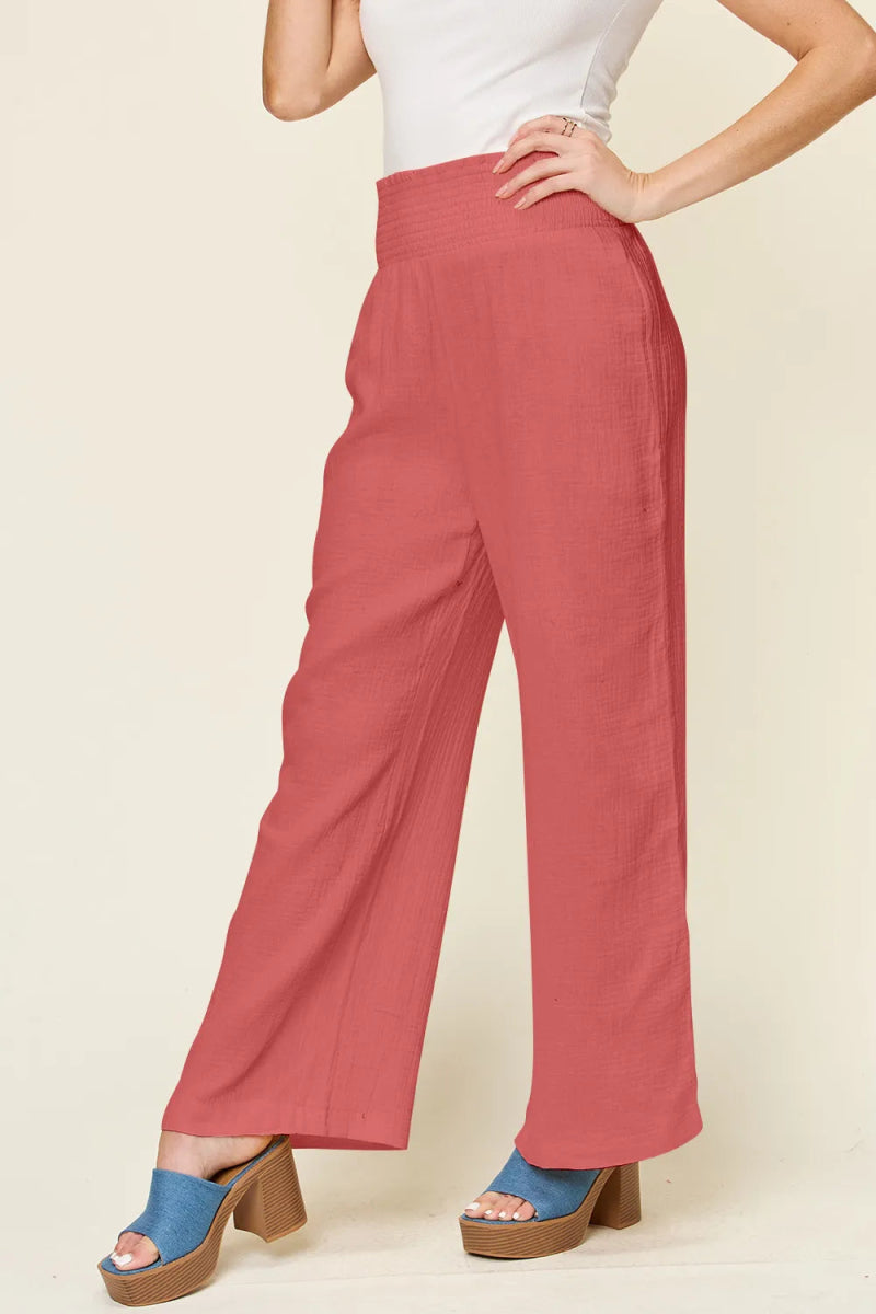 Full Size Texture Smocked Waist Wide Leg Pants - Deb Shops