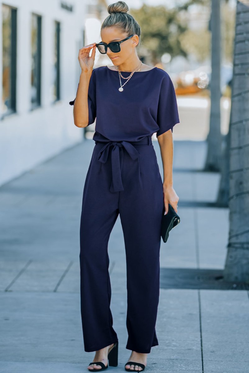 Full Size Tie Waist Straight Leg Jumpsuit - Deb Shops