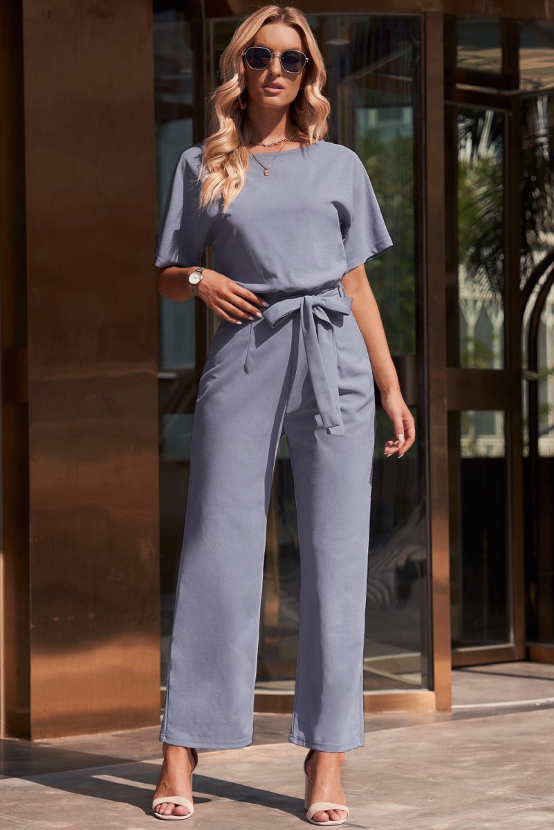 Full Size Tie Waist Straight Leg Jumpsuit - Deb Shops