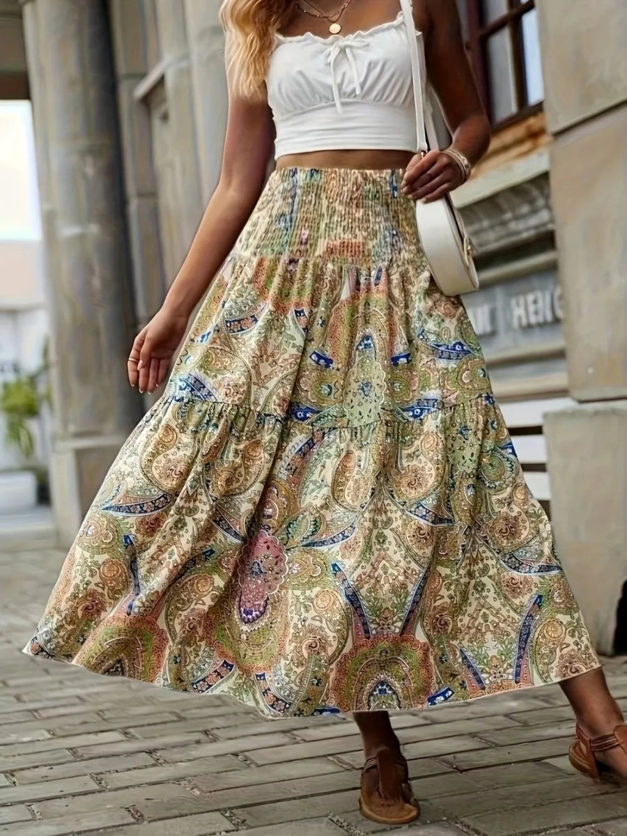 Full Size Tiered Smocked Printed High Waist Skirt - Deb Shops