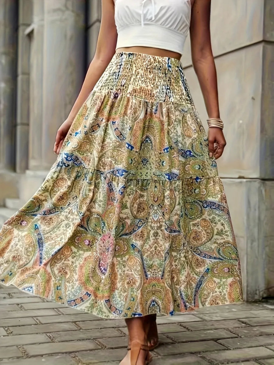 Full Size Tiered Smocked Printed High Waist Skirt - Deb Shops