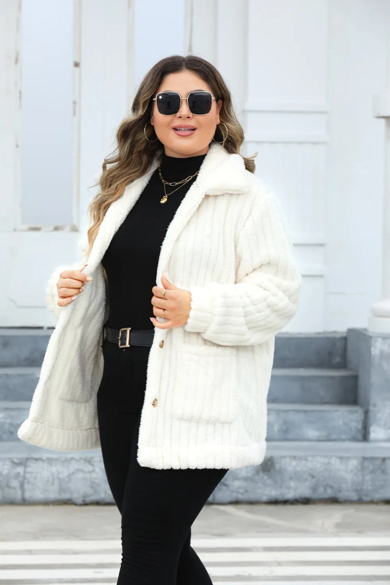 Fuzzy Collared Neck Long Sleeve Jacket - Deb Shops